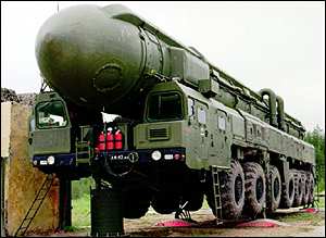 Russian SS-25 Topol Mobile Nuclear ICBM (8,300km range = about 5,160 miles) with 500 kiloton warhead - 333 units deployed